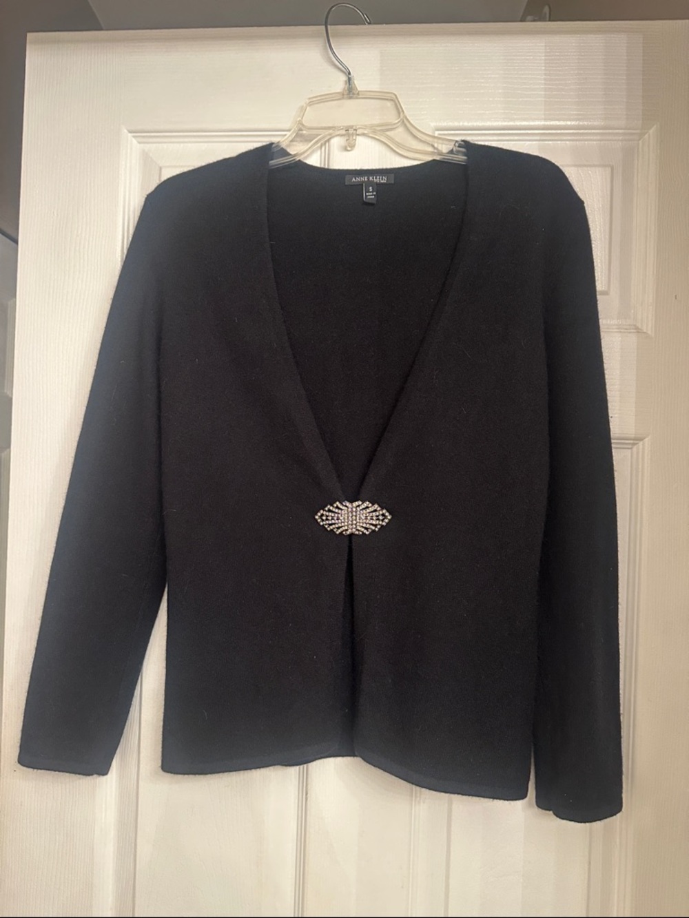 Anne Klein Black V-Neck Cardigan with Jeweled Brooch